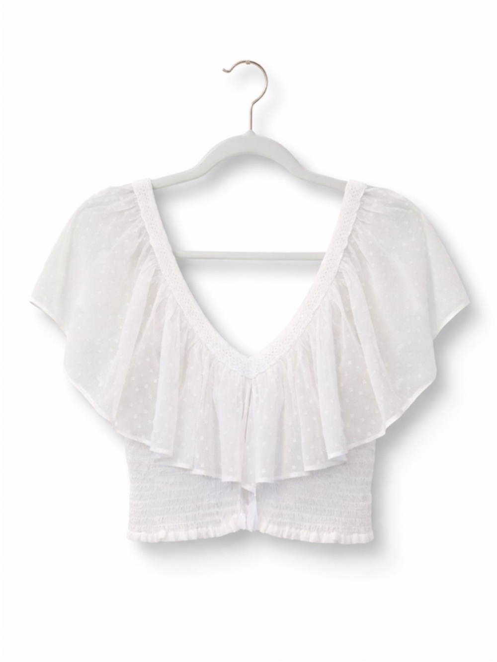 Forever 21 White Ruffle V‑Neck Dot Crop Top